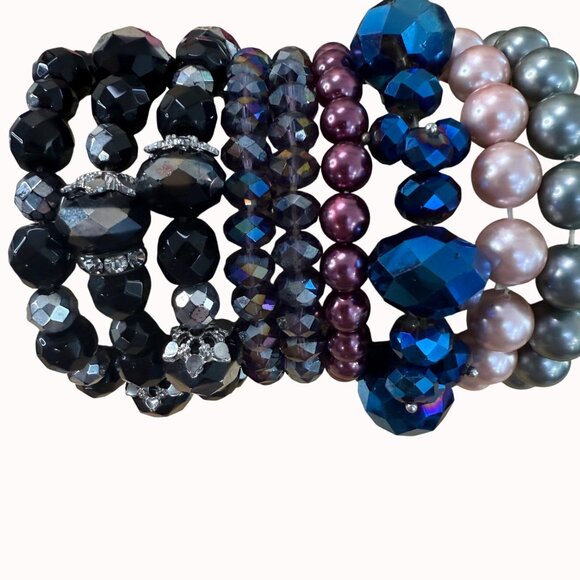 Set Of 9 Beaded Stretch Bracelets In Black Purple & Blue With Rhinestone Accents - Picture 3 of 7